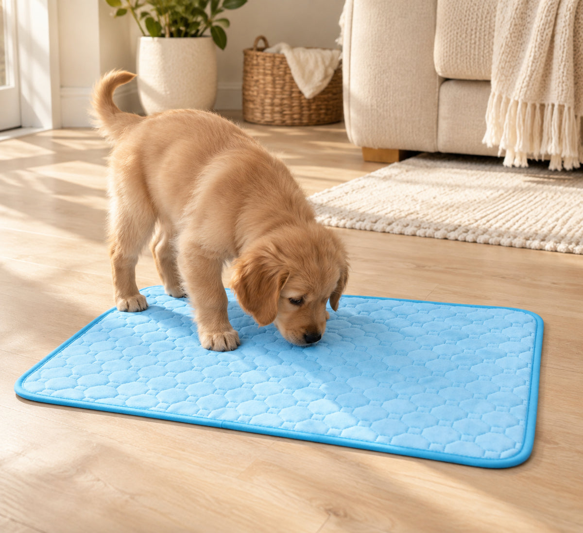 Puppy on a blue quilted KoloPad in a home setting
