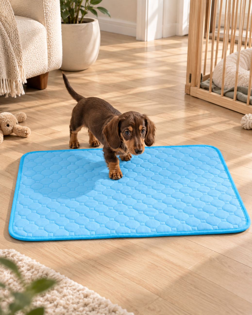 Dachshund puppy standing on a light blue KoloPad indoors